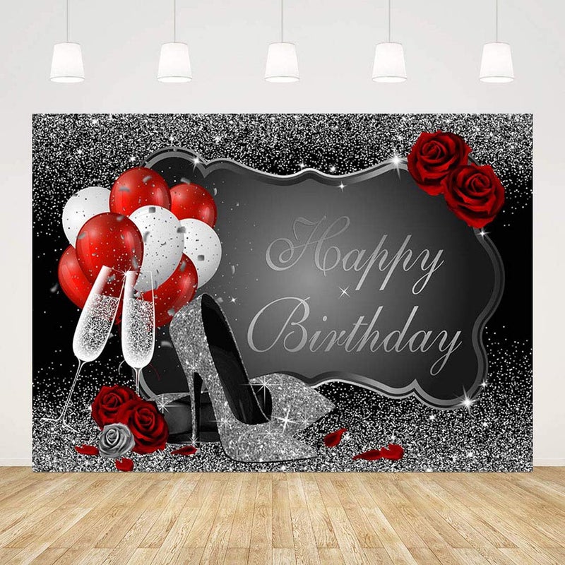 MEHOFOND Glitter Silver Happy Birthday Party Decorations Backdrop for Women Champagne Red Rose Balloon Decor Supplies Photography Background Banner Dessert Table Photo Studio Props 7x5ft - Image 2